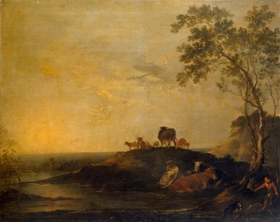 Landschaft mit Vieh (Kühe auf einem Hügel an einem Bach) von Sir Peter Francis Bourgeois